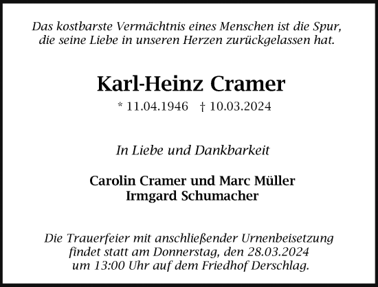Anzeige von Karl-Heinz Cramer von Kölner Stadt-Anzeiger / Kölnische Rundschau / Express