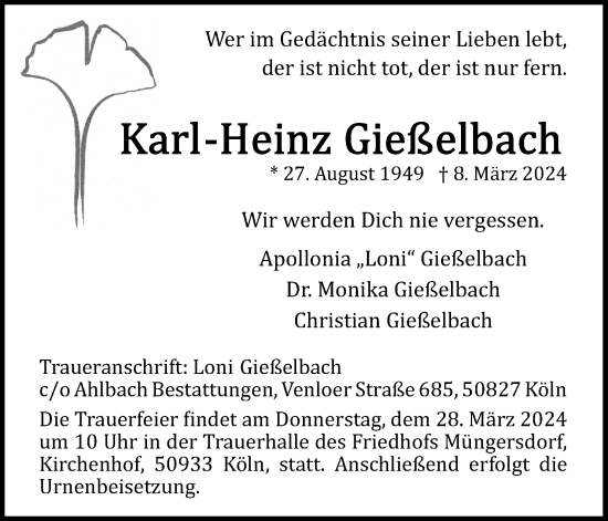 Anzeige von Karl-Heinz Gießelbach von Kölner Stadt-Anzeiger / Kölnische Rundschau / Express