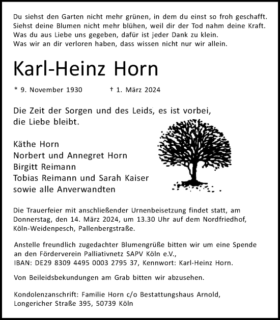 Anzeige von Karl-Heinz Horn von Kölner Stadt-Anzeiger / Kölnische Rundschau / Express