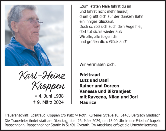 Anzeige von Karl-Heinz Kroppen von  Bergisches Handelsblatt 