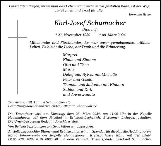 Anzeige von Karl-Josef Schumacher von Kölner Stadt-Anzeiger / Kölnische Rundschau / Express