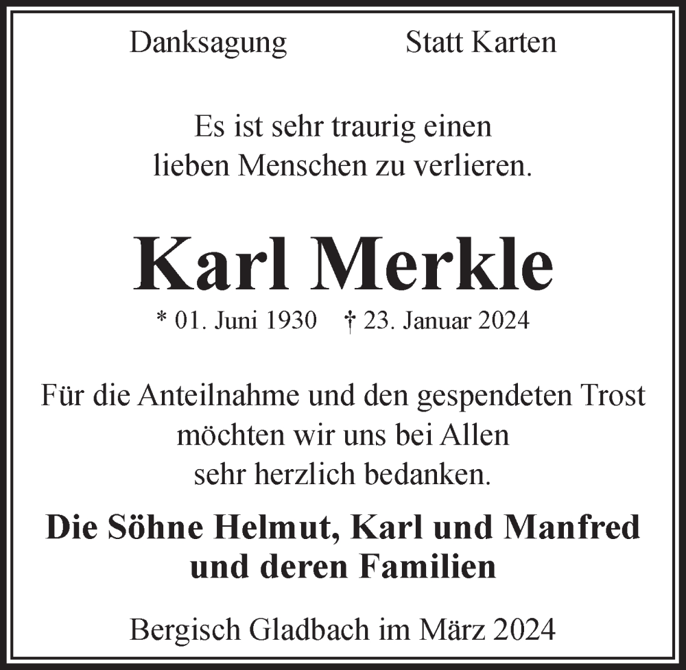  Traueranzeige für Karl Merkle vom 08.03.2024 aus  Bergisches Handelsblatt 
