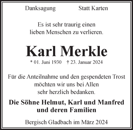 Anzeige von Karl Merkle von  Bergisches Handelsblatt 
