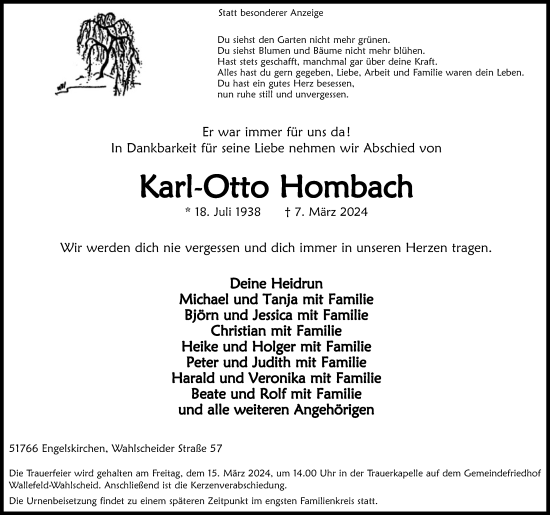 Anzeige von Karl-Otto Hombach von Kölner Stadt-Anzeiger / Kölnische Rundschau / Express