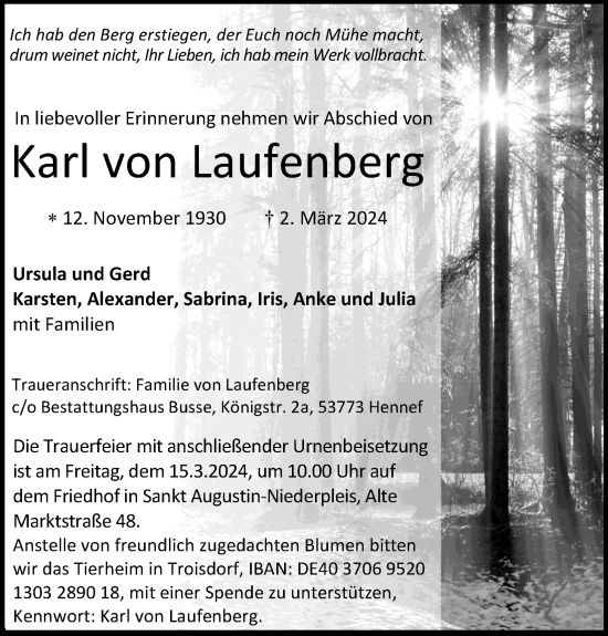 Anzeige von Karl von Laufenberg von Kölner Stadt-Anzeiger / Kölnische Rundschau / Express