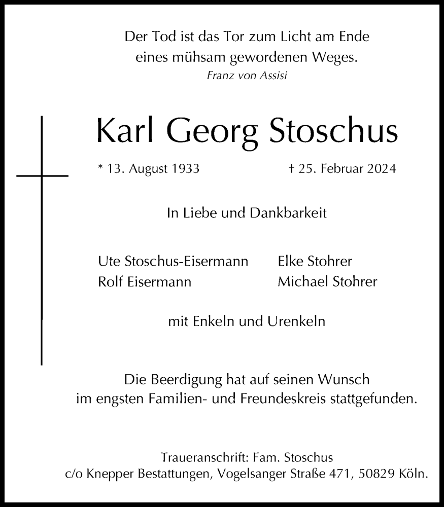  Traueranzeige für Karl Georg Stoschus vom 09.03.2024 aus Kölner Stadt-Anzeiger / Kölnische Rundschau / Express
