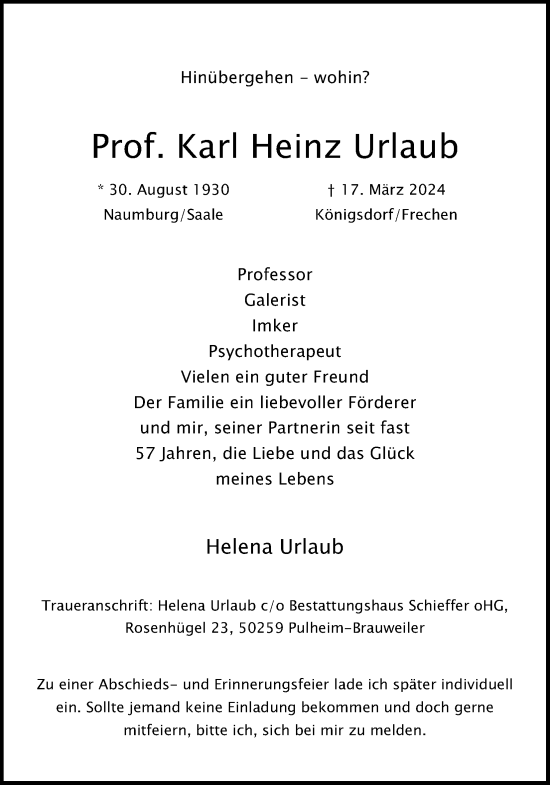 Anzeige von Karl Heinz Urlaub von Kölner Stadt-Anzeiger / Kölnische Rundschau / Express