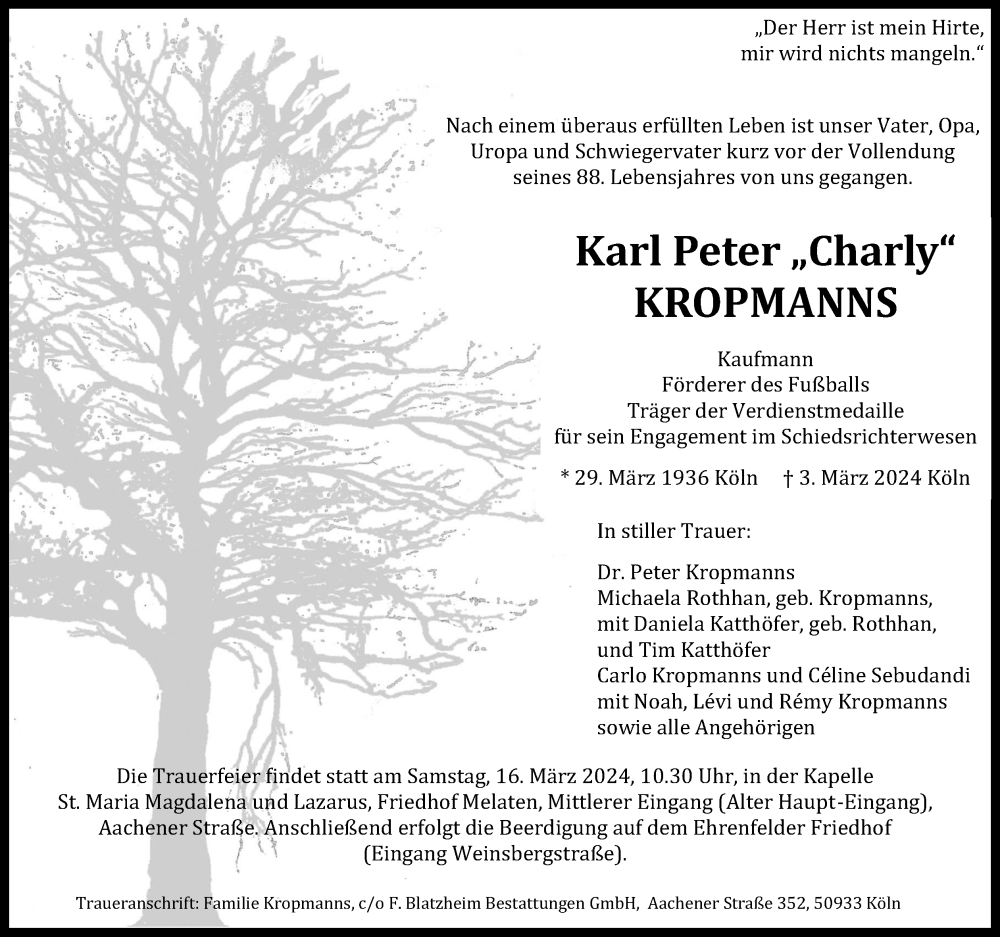  Traueranzeige für Karl Peter Kropmanns vom 09.03.2024 aus Kölner Stadt-Anzeiger / Kölnische Rundschau / Express