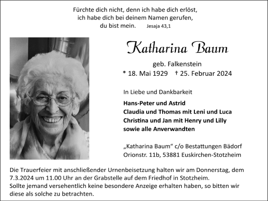 Anzeige von Katharina Baum von  Blickpunkt Euskirchen 