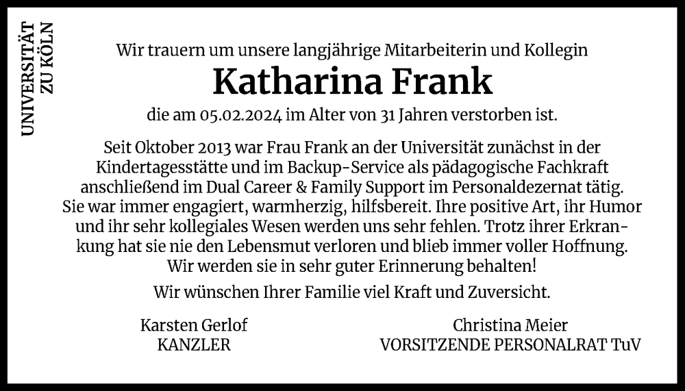  Traueranzeige für Katharina Frank vom 23.03.2024 aus Kölner Stadt-Anzeiger / Kölnische Rundschau / Express