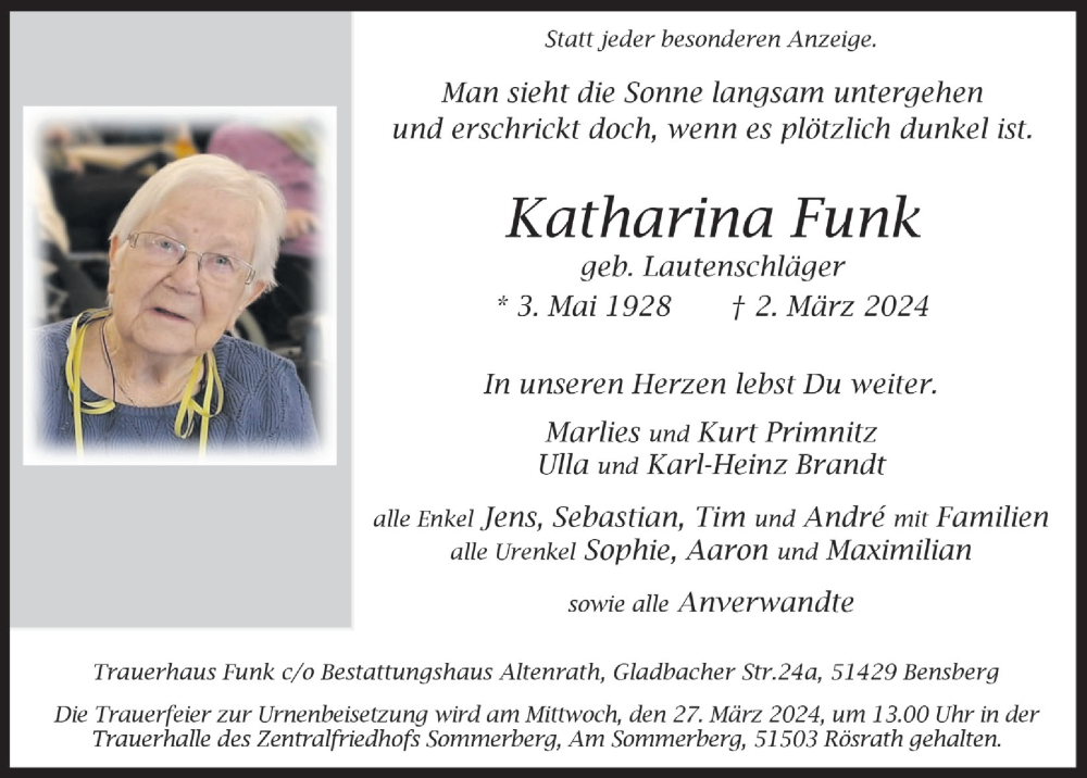  Traueranzeige für Katharina Funk vom 15.03.2024 aus  Bergisches Handelsblatt 