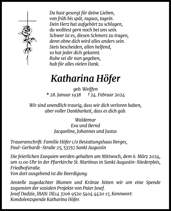 Anzeige von Katharina Höfer von Kölner Stadt-Anzeiger / Kölnische Rundschau / Express