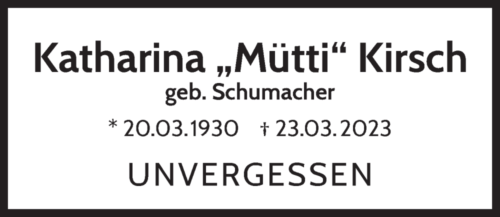  Traueranzeige für Katharina Kirsch vom 22.03.2024 aus  Wochenende 