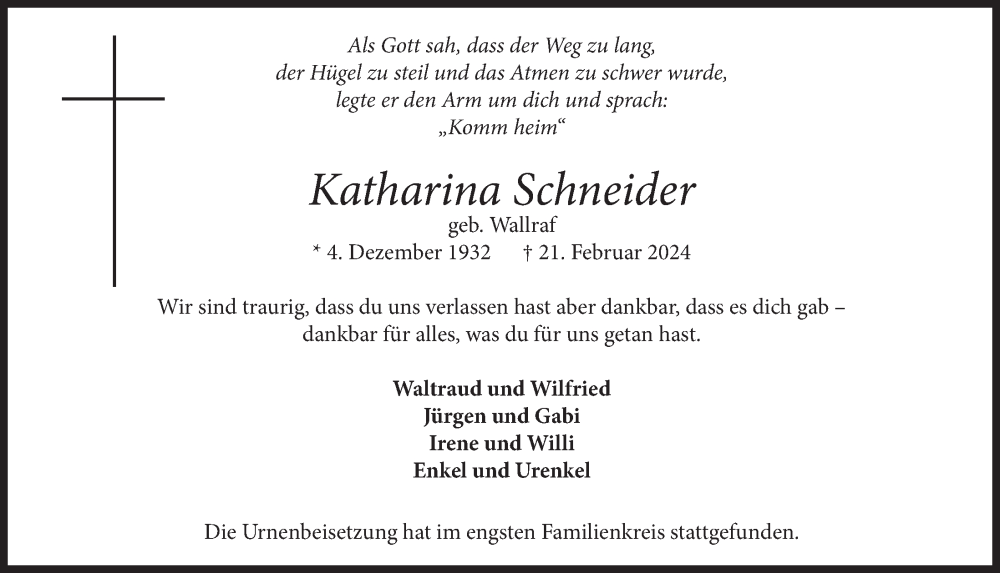  Traueranzeige für Katharina Schneider vom 08.03.2024 aus  Werbepost 