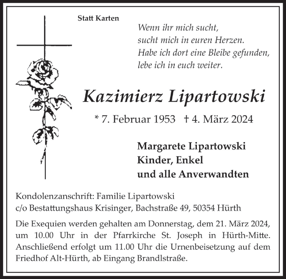  Traueranzeige für Kazimierz Lipartowski vom 15.03.2024 aus  Wochenende 