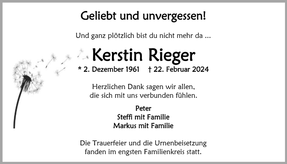  Traueranzeige für Kerstin Rieger vom 08.03.2024 aus  Anzeigen Echo 