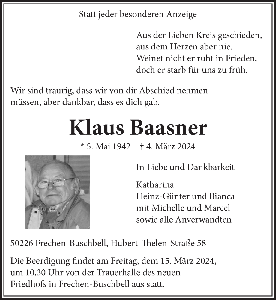  Traueranzeige für Klaus Baasner vom 08.03.2024 aus  Wochenende 