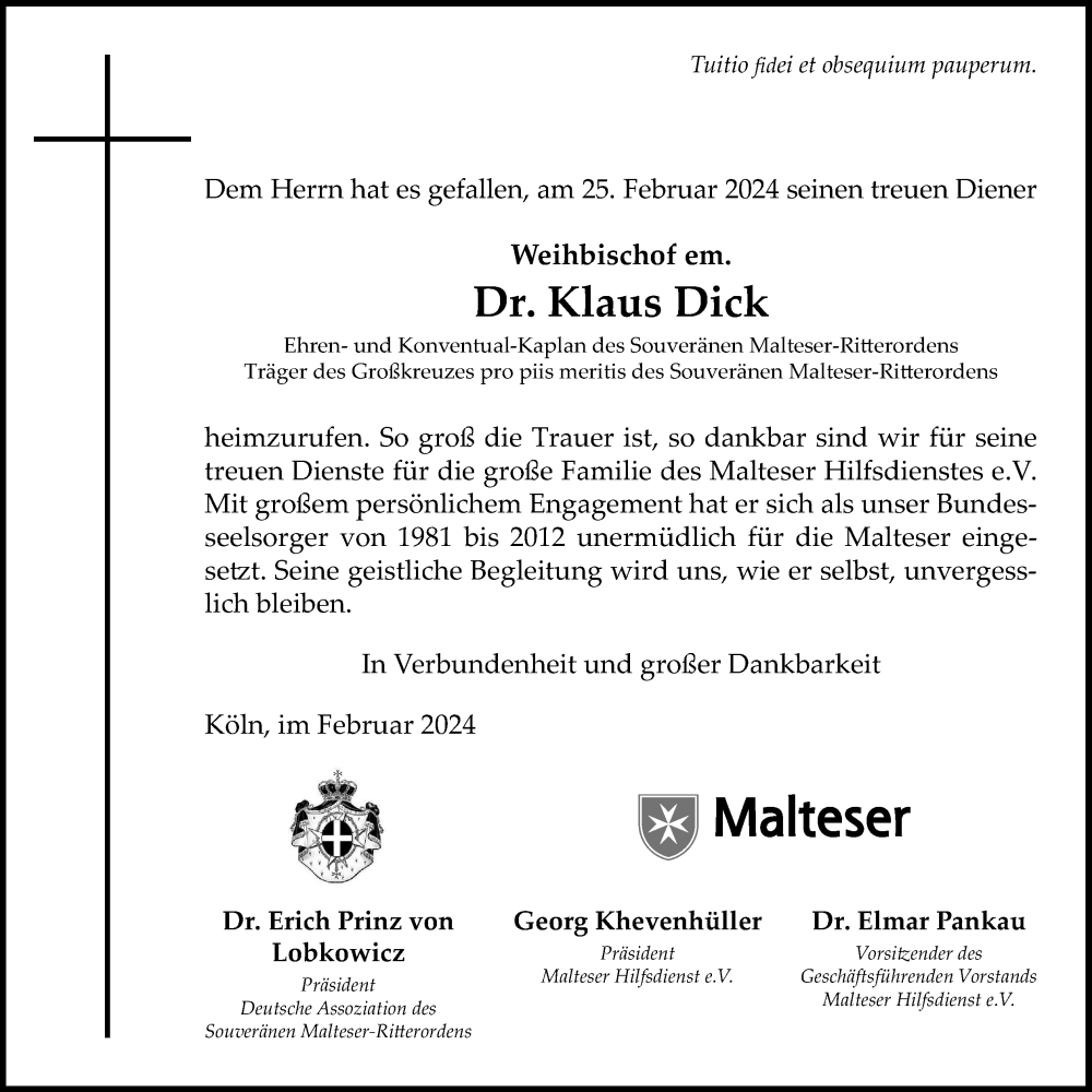  Traueranzeige für Klaus Dick vom 02.03.2024 aus Kölner Stadt-Anzeiger / Kölnische Rundschau / Express