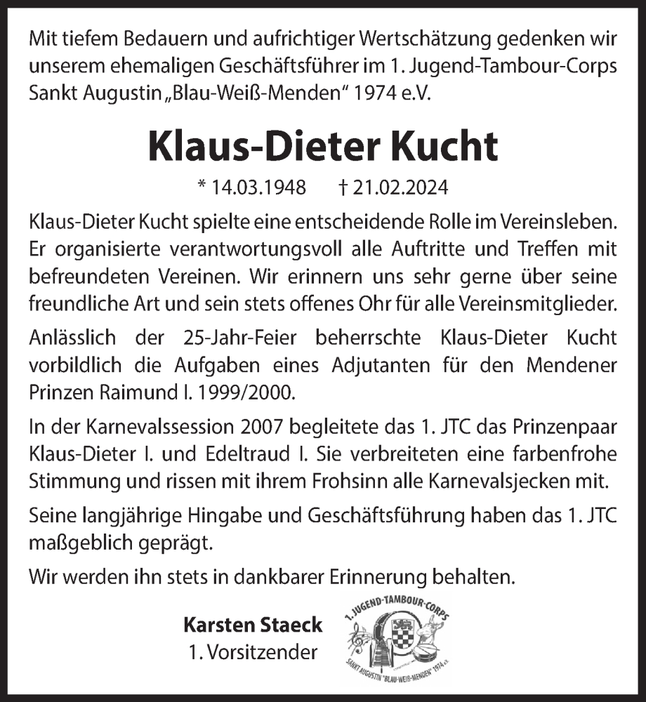  Traueranzeige für Klaus-Dieter Kucht vom 08.03.2024 aus  Extra Blatt 