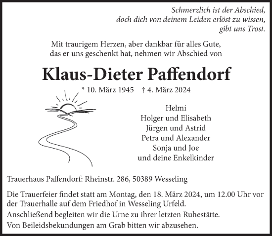 Anzeige von Klaus-Dieter Paffendorf von  Schlossbote/Werbekurier 