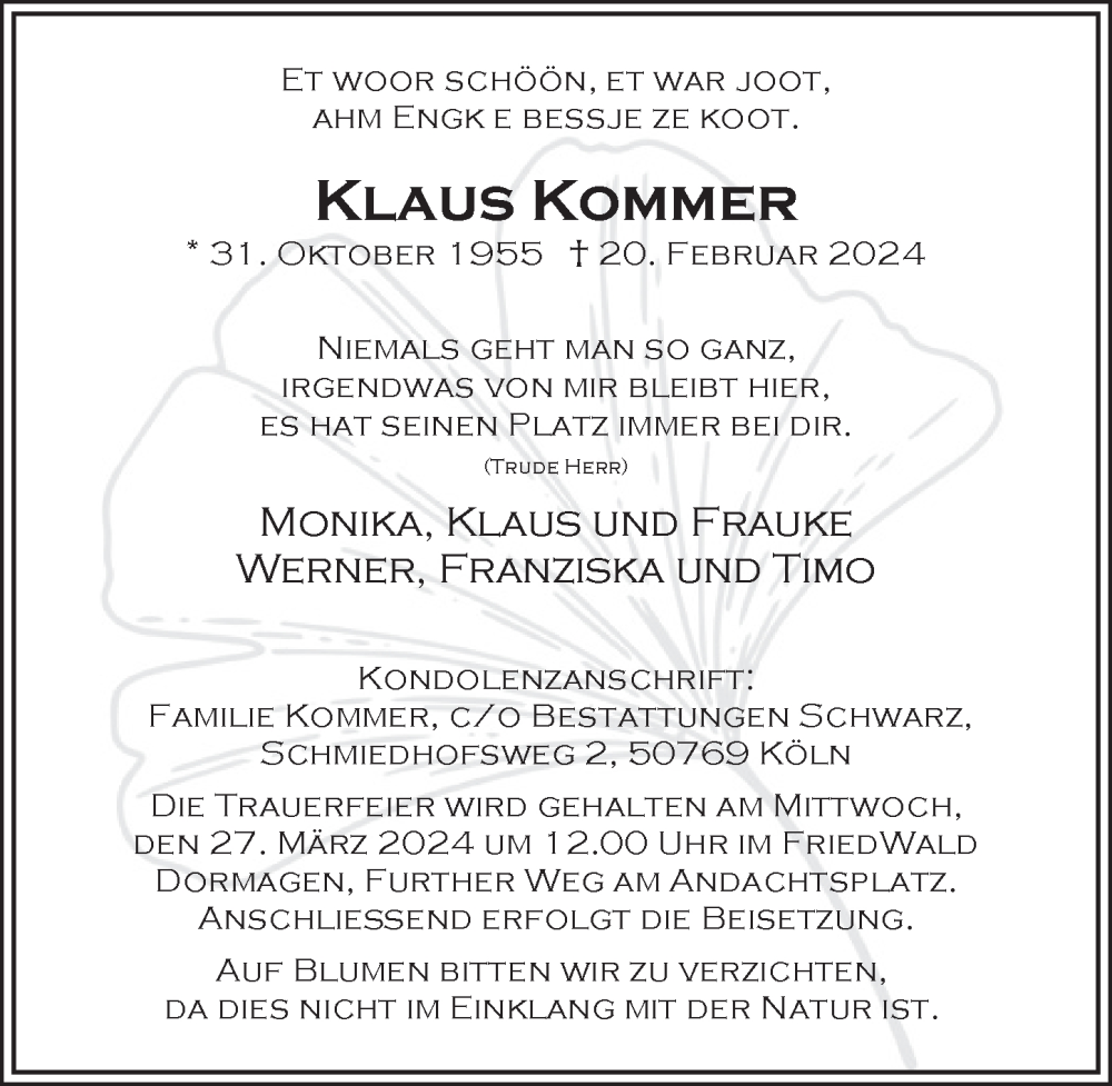  Traueranzeige für Klaus Kommer vom 08.03.2024 aus  Schlossbote/Werbekurier 