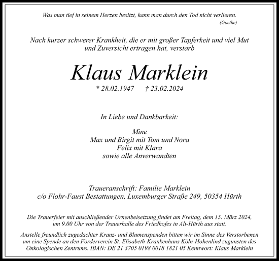 Anzeige von Klaus Marklein von Kölner Stadt-Anzeiger / Kölnische Rundschau / Express
