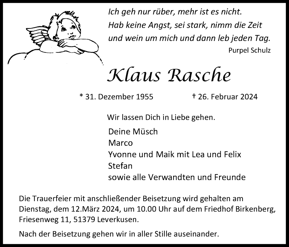  Traueranzeige für Klaus Rasche vom 02.03.2024 aus Kölner Stadt-Anzeiger / Kölnische Rundschau / Express