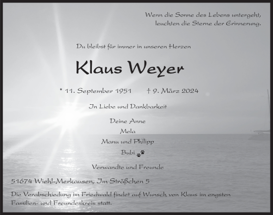 Anzeige von Klaus Weyer von  Anzeigen Echo 