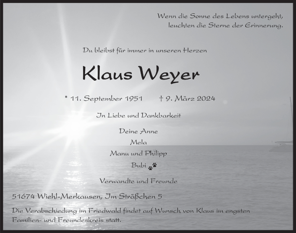  Traueranzeige für Klaus Weyer vom 15.03.2024 aus  Anzeigen Echo 