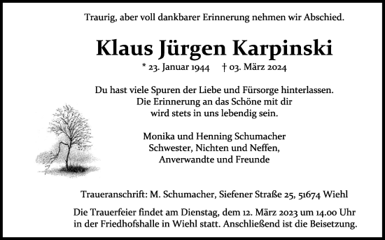 Anzeige von Klaus Jürgen Karpinski von Kölner Stadt-Anzeiger / Kölnische Rundschau / Express