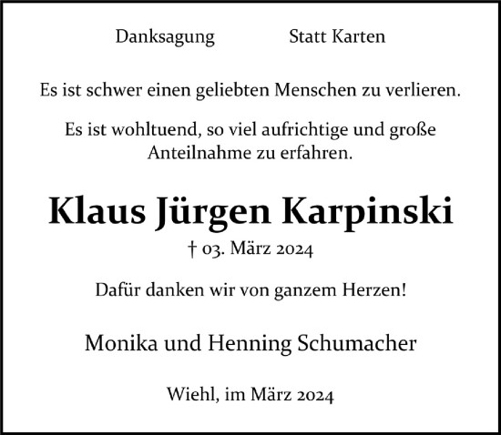 Anzeige von Klaus Jürgen Karpinski von  Anzeigen Echo 