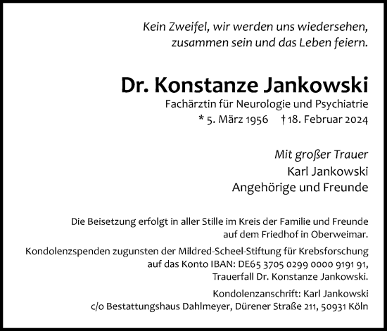 Anzeige von Konstanze Jankowski von Kölner Stadt-Anzeiger / Kölnische Rundschau / Express