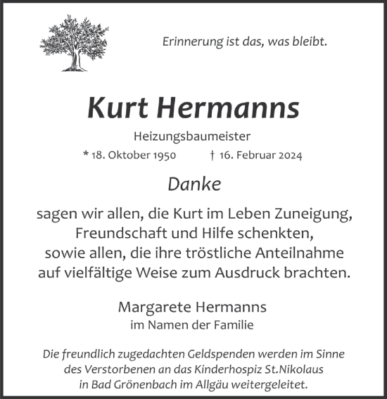 Anzeige von Kurt Hermanns von  Schaufenster/Blickpunkt 