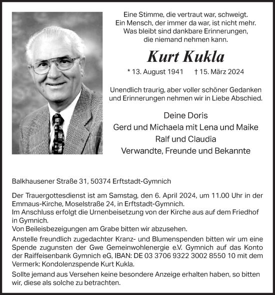 Anzeige von Kurt Kukla von  Werbepost 