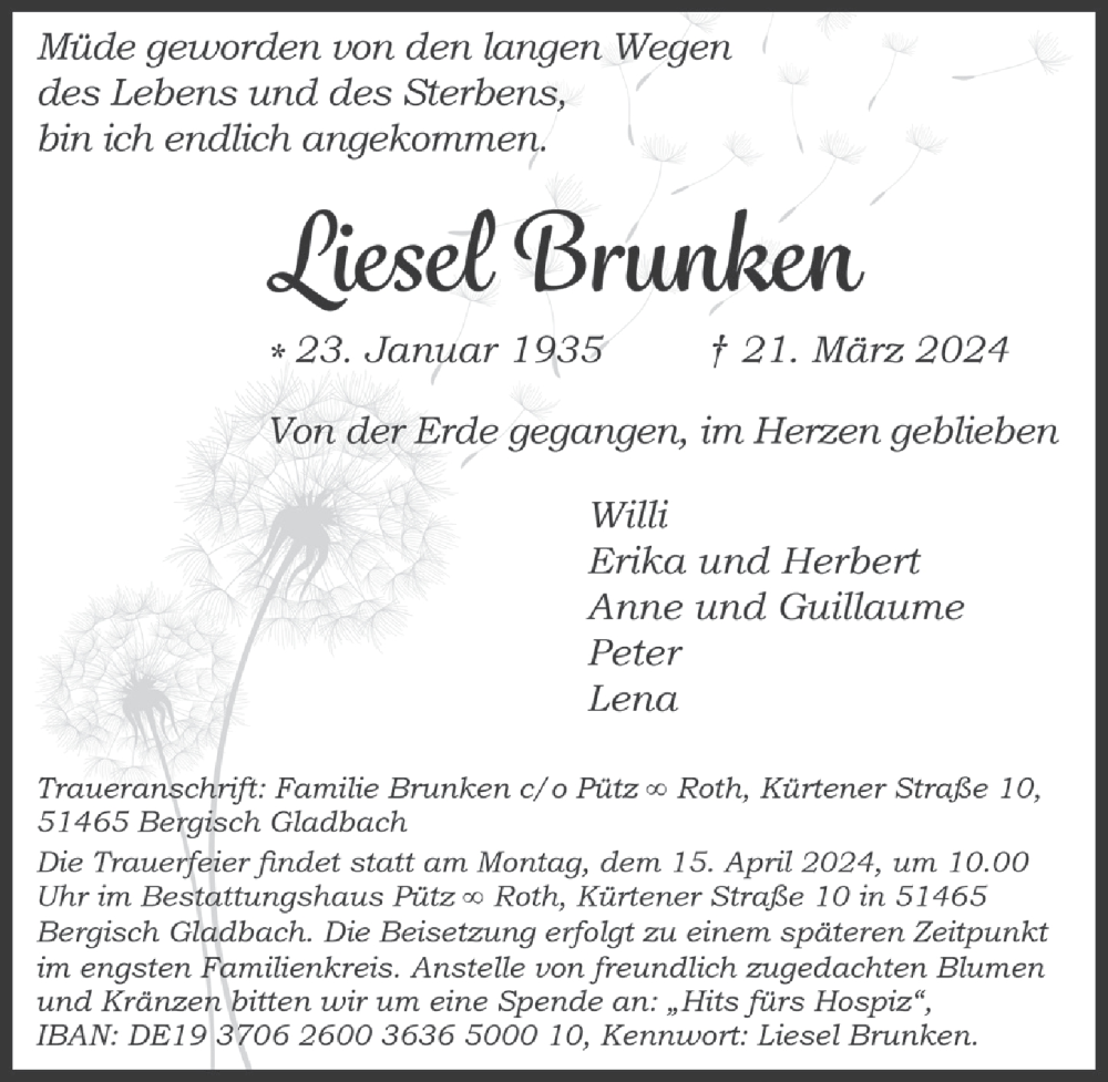  Traueranzeige für Liesel Brunken vom 28.03.2024 aus  Bergisches Handelsblatt 