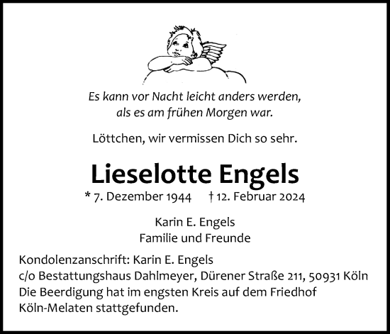 Anzeige von Lieselotte Engels von Kölner Stadt-Anzeiger / Kölnische Rundschau / Express