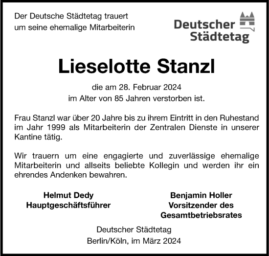Anzeige von Lieselotte Stanzl von Kölner Stadt-Anzeiger / Kölnische Rundschau / Express