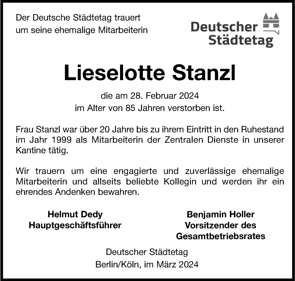  Traueranzeige für Lieselotte Stanzl vom 16.03.2024 aus Kölner Stadt-Anzeiger / Kölnische Rundschau / Express