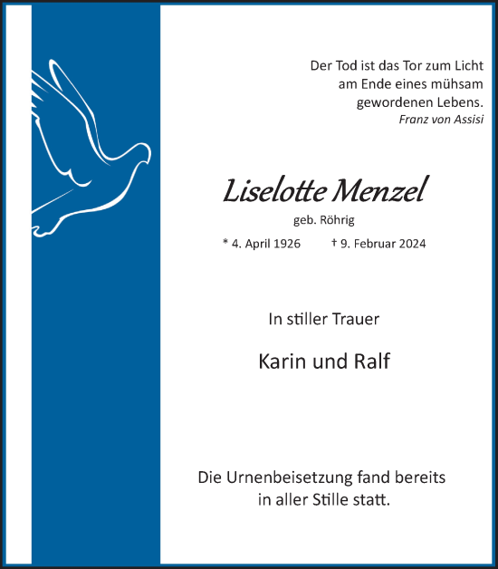 Anzeige von Liselotte Menzel von Kölner Stadt-Anzeiger / Kölnische Rundschau / Express