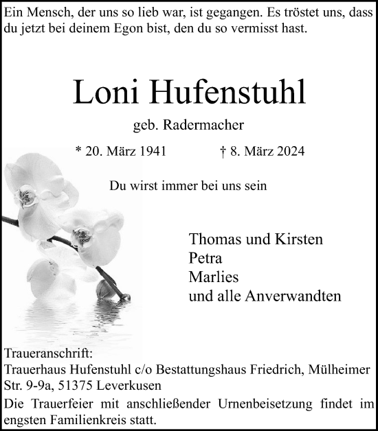 Anzeige von Loni Hufenstuhl von Kölner Stadt-Anzeiger / Kölnische Rundschau / Express
