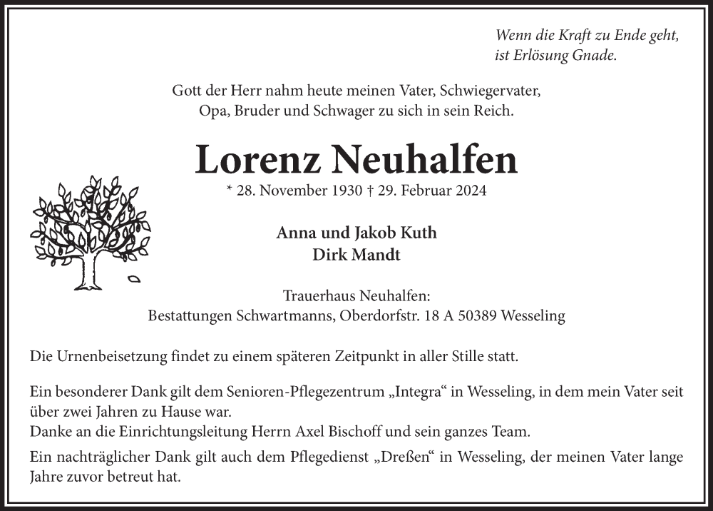  Traueranzeige für Lorenz Neuhalfen vom 08.03.2024 aus  Schlossbote/Werbekurier 