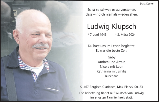 Anzeige von Ludwig Klupsch von  Bergisches Handelsblatt 