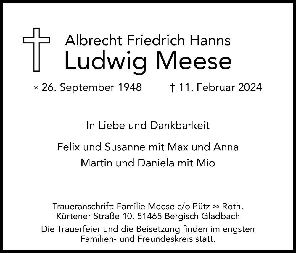  Traueranzeige für Ludwig Meese vom 02.03.2024 aus Kölner Stadt-Anzeiger / Kölnische Rundschau / Express