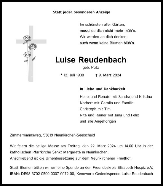 Anzeige von Luise Reudenbach von Kölner Stadt-Anzeiger / Kölnische Rundschau / Express