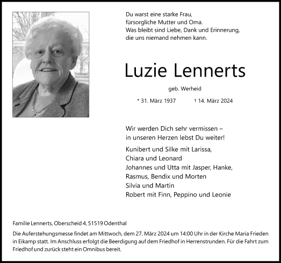Anzeige von Luzie Lennerts von Kölner Stadt-Anzeiger / Kölnische Rundschau / Express