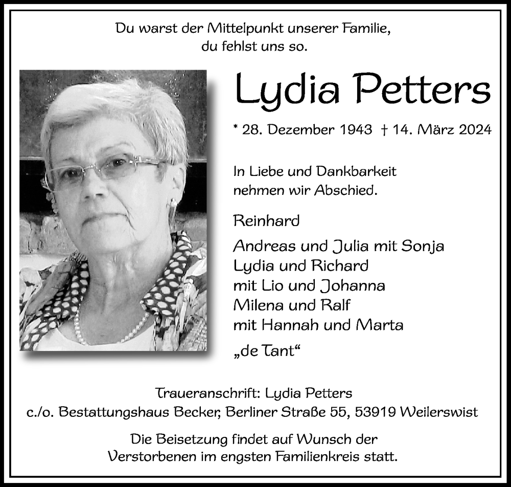 Traueranzeige für Lydia Petters vom 23.03.2024 aus Kölner Stadt-Anzeiger / Kölnische Rundschau / Express