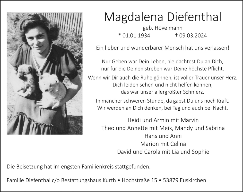  Traueranzeige für Magdalena Diefenthal vom 30.03.2024 aus  Blickpunkt Euskirchen 