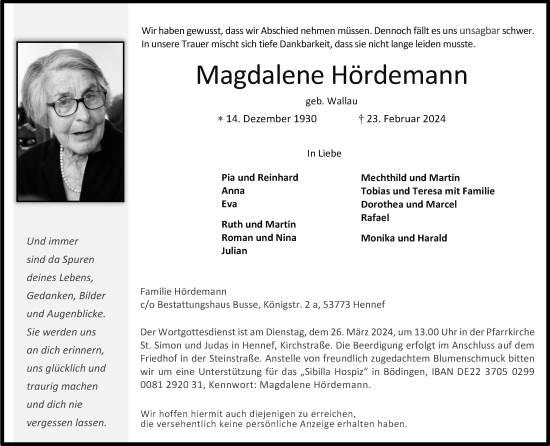 Anzeige von Magdalene Hördemann von Kölner Stadt-Anzeiger / Kölnische Rundschau / Express