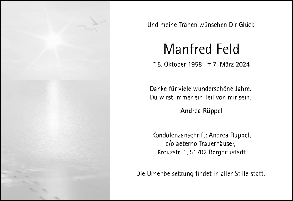 Traueranzeige für Manfred Feld vom 16.03.2024 aus Kölner Stadt-Anzeiger / Kölnische Rundschau / Express