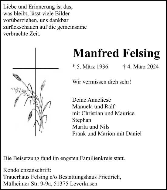 Anzeige von Manfred Felsing von Kölner Stadt-Anzeiger / Kölnische Rundschau / Express